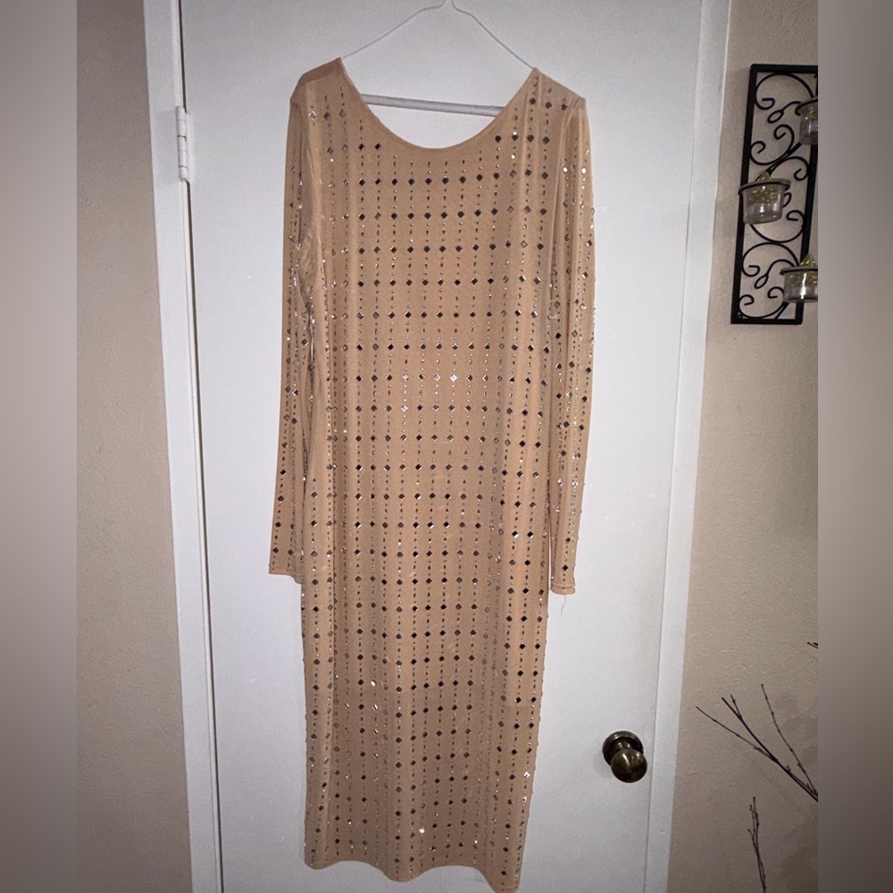 Fashion Nova Nude Rhinestone Bodycon Dress – Sparkly Long Sleeve Party Dress